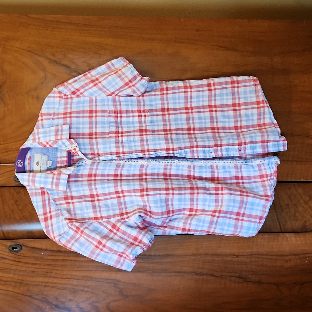 Resort Collection Linen blend red-white-and-blue short sleeved shirt, men's L